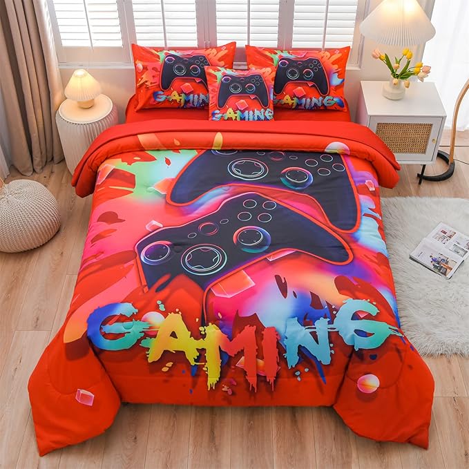 Aimuan Gamer Gaming Bedding Sets 3D Gamepad Comforter Sets for Boys Games Console Action Buttons Novelty Colorful Game Controller Modern Room Decor Home Quilt Set (Red, Full 6PCS)
