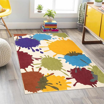 Colorful Kids Room Rug, 3'x5' Machine Washable Rug for Playroom, Paint Splatter Rainbow Area Rugs for Classroom, Soft Aesthetic Nursery Rug Throw Kids Play Mat for Bedroom Office Preschool