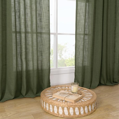 LAMIT Linen Sheer Curtains 80 inch for Living Room, Soft Thick Light Filtering Boho Window Textured Neutral Drapes with Bronze Grommet for Bedroom/Farmhouse, 2 Panels, 52 x 80 Inch, Olive Green