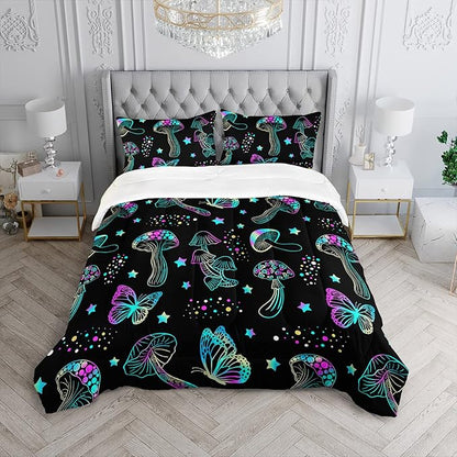Colorful Mushroom Comforter Set Queen Size Kids Mushroom Butterfly Bedding Set Star Quilt Bed Set for Boys Girls Adults with 1 Comforter and 2 Pillowcases