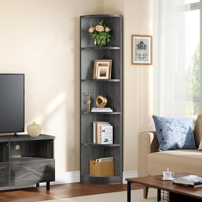 YITAHOME 70.8" Corner Shelf, 5 Tier Corner Bookshelf and bookcase, Modern Open Free Standing Shelving Unit Wooden Display Rack Storage Shelves for Bedroom, Living Room, Home Office, Charcoal Gray