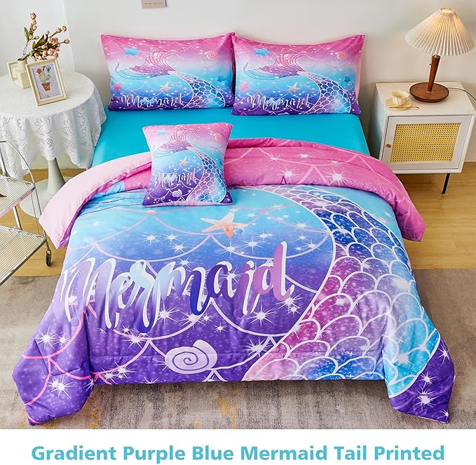 URBONUR Full Size Comforter Set for Girls Purple Blue Mermaid Tail Fish Scales Girls Bedding Set 6 Pcs Bed Sets with Comforter and Sheet Set, Soft All Season Bed in a Bag