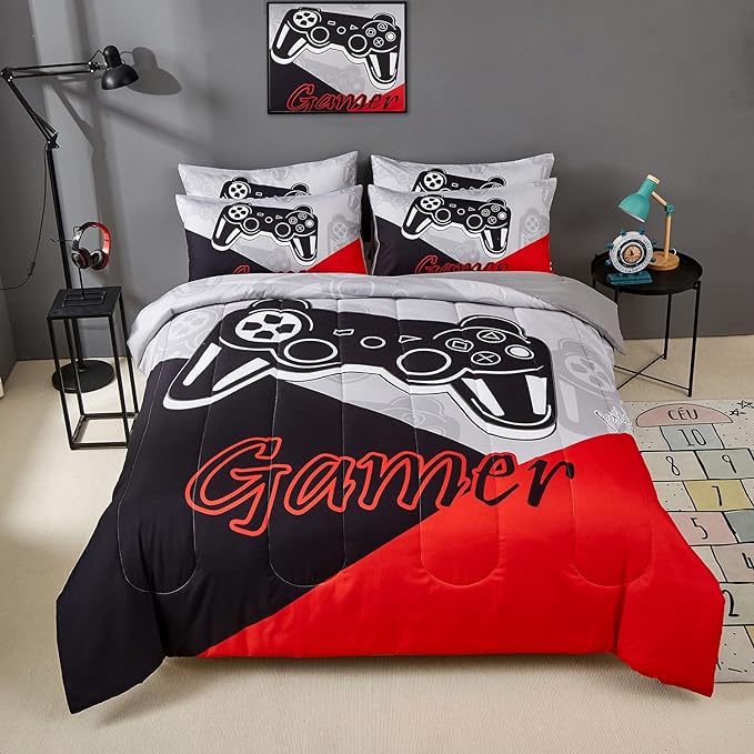 Gaming Comforter Sets for Kids Teen Boys,Video Games Controller Pattern Bedding Set for Room Decor, Queen Size 3-Piece Reddish Black Gamer Comforter with Pillowcase,All Season(Red,Queen)