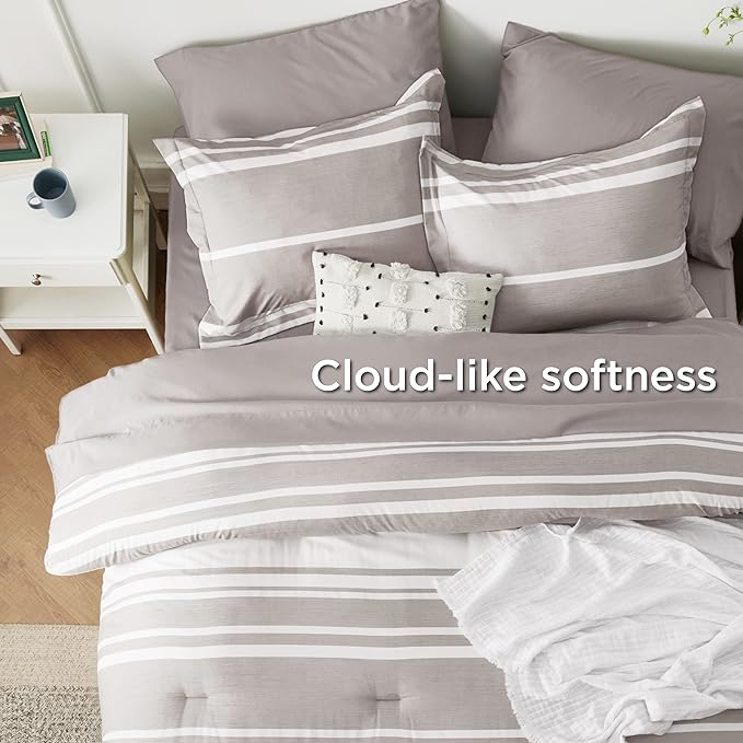 Bedsure Bed in a Bag King 7 Pieces, Warm Taupe White Striped Bedding Comforter Sets All Season Bed Set, 2 Pillow Shams, Flat Sheet, Fitted Sheet and 2 Pillowcases
