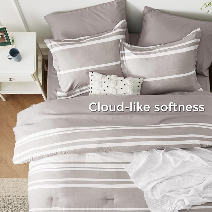 Bedsure California King Comforter Set 7 Pieces, Warm Taupe White Striped Bedding Comforter Sets All Season Bed Set, 2 Pillow Shams, Flat Sheet, Fitted Sheet and 2 Pillowcases