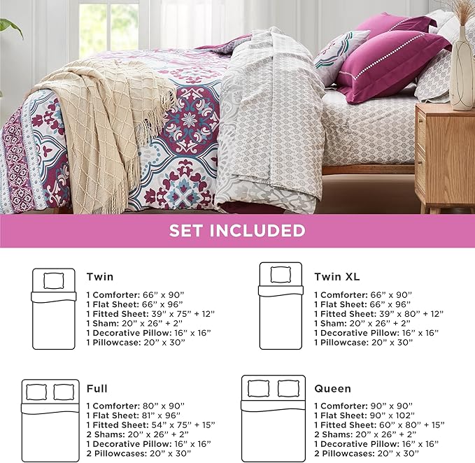 Degrees of Comfort Full Size Complete Comforter Sets, Lattice Boho Bed in A Bag,Microfiber Bedding Set with Side Pockets, Matching Decorative Pillow, 8 Piece Purple