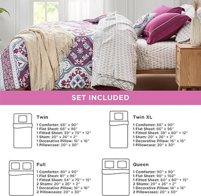 Degrees of Comfort Full Size Complete Comforter Sets, Lattice Boho Bed in A Bag,Microfiber Bedding Set with Side Pockets, Matching Decorative Pillow, 8 Piece Purple
