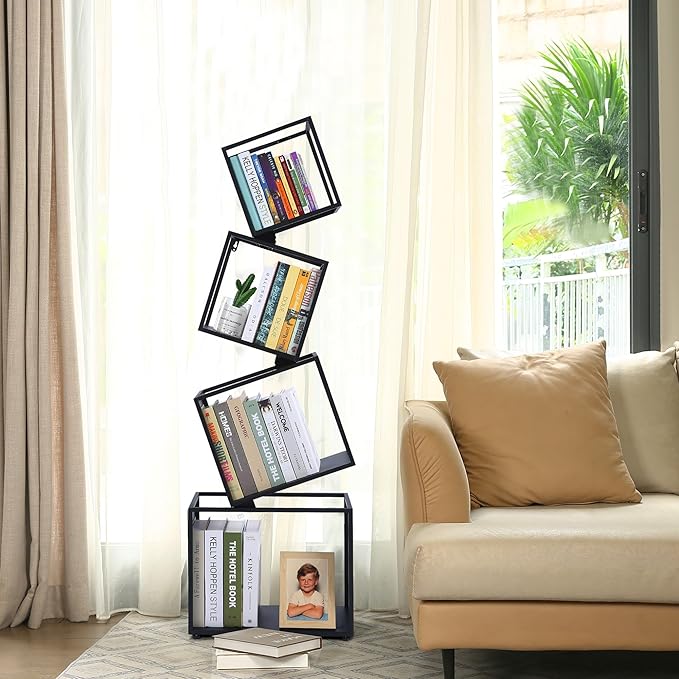 Bookshelf, 4-Tier Bookcase Black, 49'' Tall Black Bookshelf, Industrial Bookshelf, Modern Book Shelf, Storage Shelves for CDs/Books/Home Decor, Display Shelf for Living Room, Office