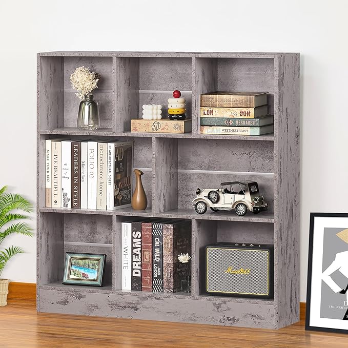 LEYAOYAO 8 Cube Bookshelf with Base,3 Tier Mid-Century Modern Grey Bookcase,Standing Wide Bookshelves Storage Organizer Shelf,Rustic Wood Display Cabinet Book Shelves for Bedroom,Living Room,Office
