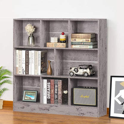 LEYAOYAO 8 Cube Bookshelf with Base,3 Tier Mid-Century Modern Grey Bookcase,Standing Wide Bookshelves Storage Organizer Shelf,Rustic Wood Display Cabinet Book Shelves for Bedroom,Living Room,Office