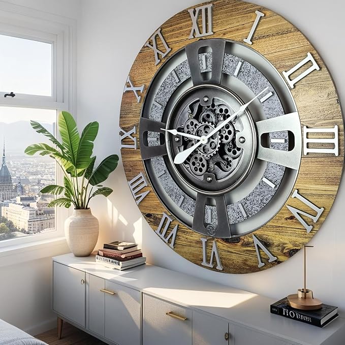 The Gears Clock Real Moving Gear Wall Clock England Line (Wood & Stone, 36 inches (90 cm))