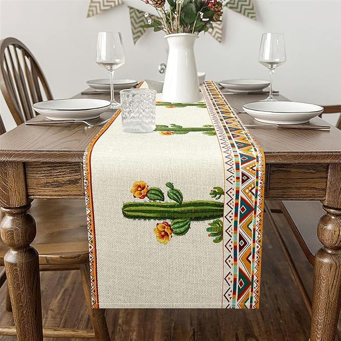 jejeloiu Green Cactus Table Runner,13" x 120" Boho Western Dresser Scarfs Aztec Decor Dresser Runners Southwestern Table Decor for Kitchen