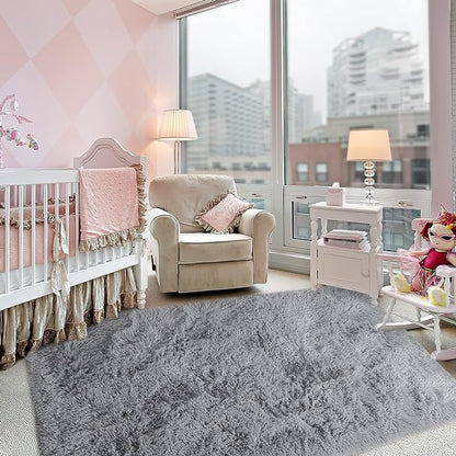 Super Soft Fluffy Shaggy Rugs 4x5.9 Feet for Living Room Bedroom, Fuzzy Plush Area Rugs for Girls Kids Room Nursery Home Decor, Furry Dorm Throw Rug Cute Non-Slip Indoor Floor Carpet, Grey