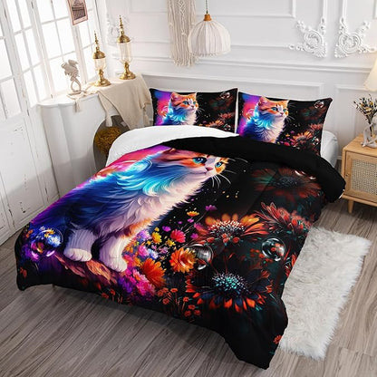 Cartoon Kawaii Cat Comforter Set Twin Size 3D Animals Flower Toddler Bedding Set Cat Lovers Animal Bubble Design Quilt Bed Set for Girls Kids Teens