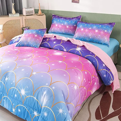 PERFEMET 6Pcs Mermaid Scale Comforter Sets Twin Size, 3D Pink Glitter Bed in A Bag for Teens Girls, Colorful Rainbow Bedding Comforter with Sheets Set, Ultra Soft Sparkly Galaxy Quilted Duvet