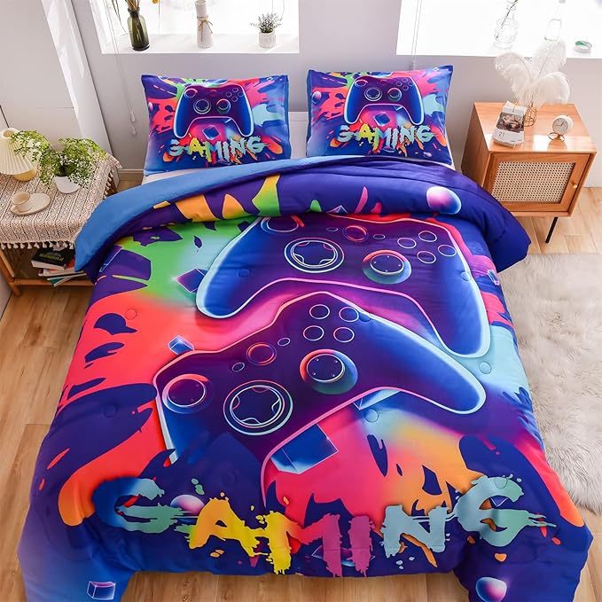 Aimuan Gaming Comforter Sets for Boys Kids Bedding Sets Video Games Console Action Buttons Novelty Colorful Game Gamepad Controller Modern Gamer Room Decor Home Quilt Set (Twin, Purple)