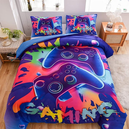 Aimuan Gamer Gaming Bedding Sets 3D Gamepad Comforter Sets for Boys Games Console Action Buttons Novelty Colorful Game Controller Modern Room Decor Home Quilt Set (Queen, Purple)