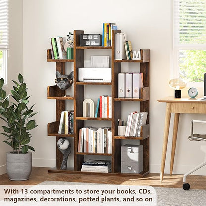 Aheaplus Bookshelf, Tree-Shaped Bookcase Storage Shelf with 13 compartments, Books Organizer Display Cube Shelves, Industrial Free Floor Standing Wood Open Bookshelves for Home