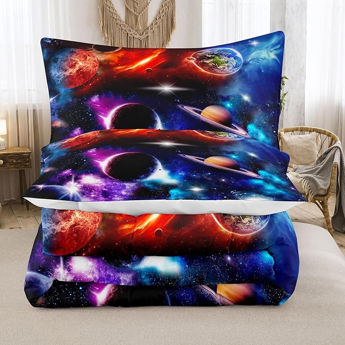 NINENINE Space Comforter Sets Galaxy Bedding Purple Comforter Twin Size Bedding Sets for Girls Earth Planets Stars Theme Solar Comforter System Bed Set with 1 Comforter 1 Pillowcase