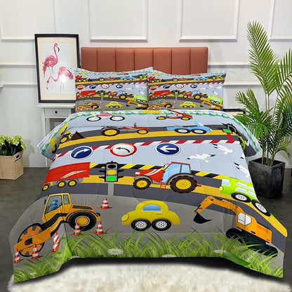 Tailor Shop Construction Vehicle Truck Comforter Set King Size，Cartoon Excavator Bedding Sets Comforter Cover for Boys Childs Kids Teens ，Tractor Mixer Room Decor with 1 Comforter 2 Pillowcases