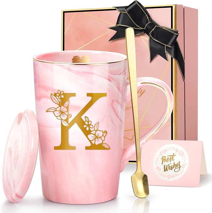 Coffee Mugs - Personalized Gifts for Women, Initial Customized Ceramic Marble Cups 14 Oz Pink, Luxury Christmas Mother's Day Birthday Gift for Mom Grandma Girlfriend Friend Unique,K