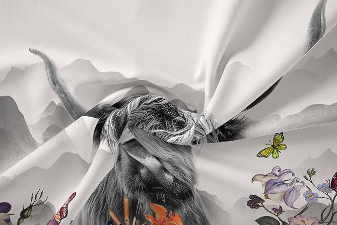 Tailor Shop Highland Cow Comforter Sets Twin Size,Highland Cow Bedding Set for Teens Kids Man,Cattle Comforter Western Animal Wildlife Farmhouse Bull Mountain Flower Comforter with 1 Pillowcase