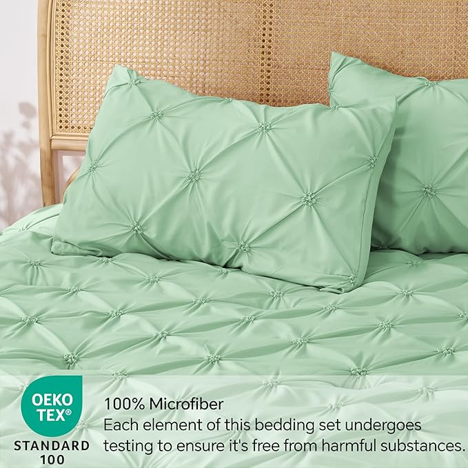 BEDELITE Green King Size Comforter Set - 3 Pieces Boho Pintuck Bedding Comforter Sets, Lightweight Soft & Warm King Bedding Set with 2 Pillowcases for All Season