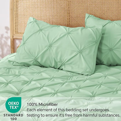 BEDELITE Green King Size Comforter Set - 3 Pieces Boho Pintuck Bedding Comforter Sets, Lightweight Soft & Warm King Bedding Set with 2 Pillowcases for All Season