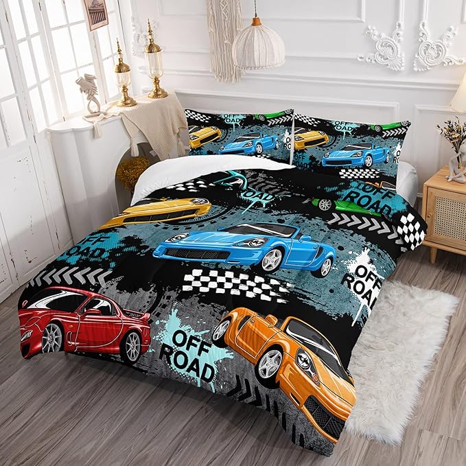 Axolotl Car Comforter Set Twin Size,Cool Speed Race Car Comforter for Kids Boys Girls Teens Bedroom,Extreme Sport Quilt Duvet 1 Comforter 2 Pillowcase Car Racing Gifts,Blue Red Orange