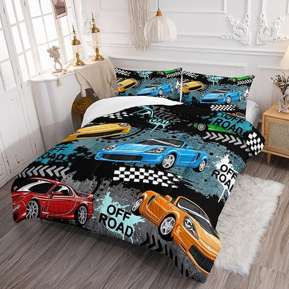 Axolotl Car Comforter Set Twin Size,Cool Speed Race Car Comforter for Kids Boys Girls Teens Bedroom,Extreme Sport Quilt Duvet 1 Comforter 2 Pillowcase Car Racing Gifts,Blue Red Orange
