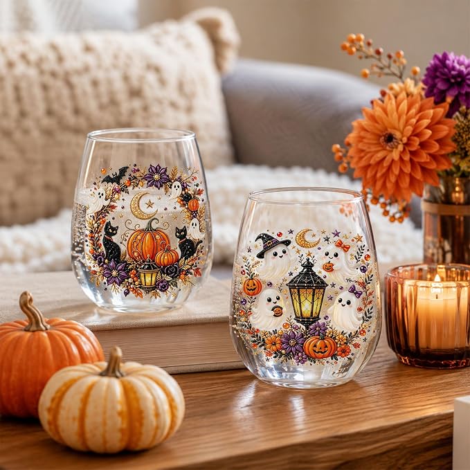 3D Halloween Autumn Glass Art Cup,Stemless Holiday Glassware Collection | Fantasy Fall Witch Wine Glasses,Holiday Printed Table Ornaments,Magical Halloween Home Decor Gifts for Various Beverages