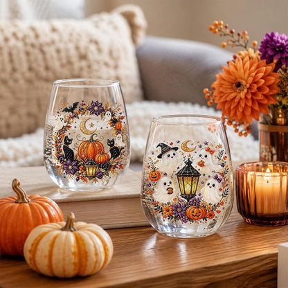 3D Halloween Autumn Glass Art Cup,Stemless Holiday Glassware Collection | Fantasy Fall Witch Wine Glasses,Holiday Printed Table Ornaments,Magical Halloween Home Decor Gifts for Various Beverages