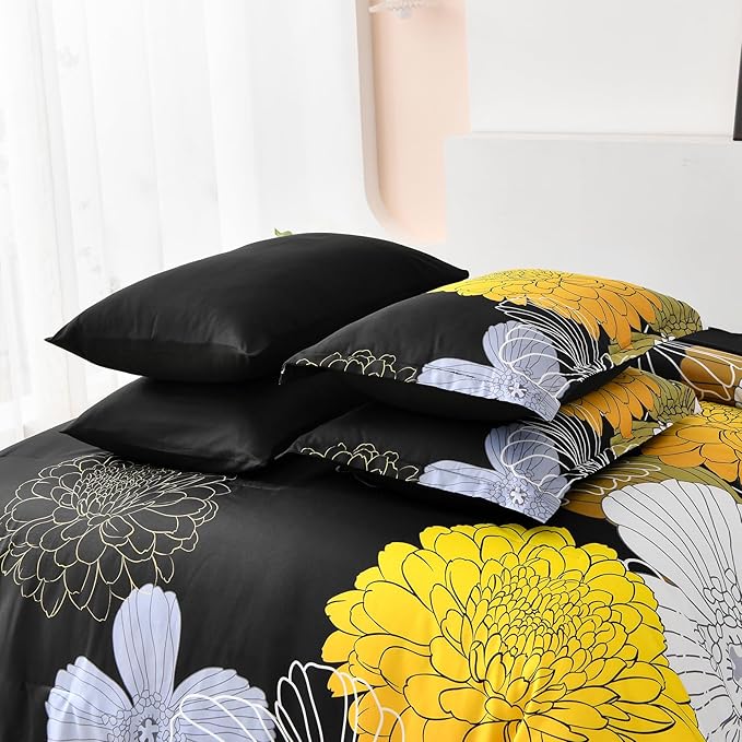 7 Pieces King Yellow Black Comforter Set Bed in a Bag Floral Bedding Set Soft Microfiber Comforter (1 Comforter 1 Flat Sheet 1 Fitted Sheet 2 Pillowshams 2 Pillowcases)