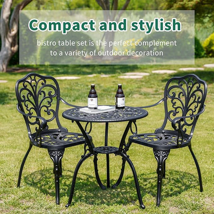 Bistro Table and Chairs Set of 2, Cast Aluminum Patio Furniture, Outdoor Bistro Set 3 Piece with Umbrella Hole for Balcony Porch Yard