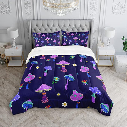 Colorful Mushroom Comforter Set Twin Size Kids Trippy Mushroom Bedding Set Hippy Star Eye Theme Quilt Bed Set for Boys Girls Adults with 1 Comforter and 2 Pillowcases