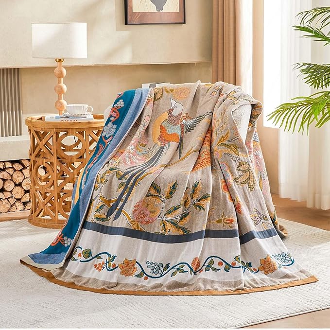 Boho Blanket, 100% Cotton Farmhouse Decorative Throw Blanket, 90"x98" Reversible Bohemian Throw Blanket, Brown All Season Muslin Breathable Woven Blankets Quilt