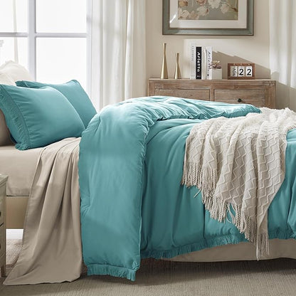 Andency Aqua Tassel Comforter Set Queen(90x90Inch), 3 Pieces(1 boho Comforter, 2 Pillowcases) Farmhouse Shabby Chic Comforter Set, Soft Microfiber Lightweight Fringe Bedding Comforter Set