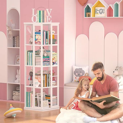Aheaplus Rotating Bookshelf, Corner Bookshelf, 360 Display Wood Spinning Bookshelf, Floor Standing Bookcase Narrow Shelf Revolving Organizer Storage Rack for Small Space, Bedroom, Study Room, White