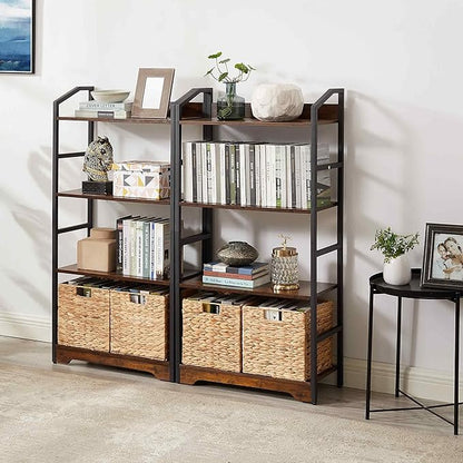 Vagusicc 4 Tier Bookshelf with 2 Storage Baskets, Tall Bookcase Shelf Storage Organizer Wood Book Shelf, Modern Shelf Rack Shelves with Steel Frame, Multipurpose Bookshelf for Bedroom Living Room