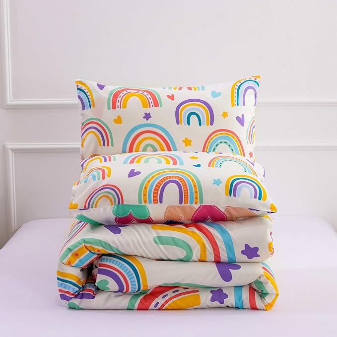Btargot 3 Piece Kids Rainbow Comforter Set with 2 Pillow Covers, Cartoon Love Hearts Suns and Stars Bedding Set for Girls Boys Kids, Queen Beige
