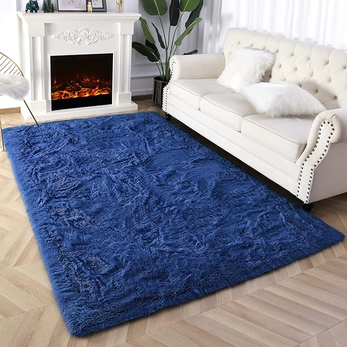 Super Soft Fluffy Shaggy Rugs for Living Room Bedroom, Fuzzy Plush Area Rugs for Girls Kids Room Nursery Home Decor, Furry Dorm Rug Cute Non-Slip Indoor Floor Carpet 4x5.9 Feet, Navy Blue