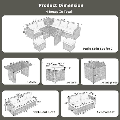 Outdoor Furniture 6-Piece Patio Sofa Set, All Weather PE Rattan Sectional Couch with Tempered Glass Dining Table, Adjustable Seat, Storage Box&Removable Covers, for Garden Backyard, 1, Beige