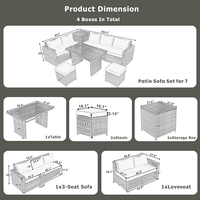 6-Piece Outdoor Furniture Set with Dining Table, Adjustable Seat and Storage Box, All Weather PE Rattan Patio Conversation Sofa L-Shaped Couch for Garden Lawn, Grey Wicker+Beige Cushion