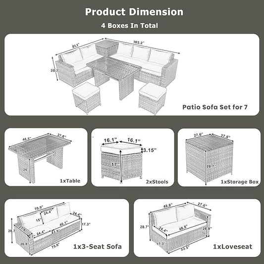 6-Piece Outdoor Furniture Set with Dining Table, Adjustable Seat and Storage Box, All Weather PE Rattan Patio Conversation Sofa L-Shaped Couch for Garden Lawn, Grey Wicker+Beige Cushion