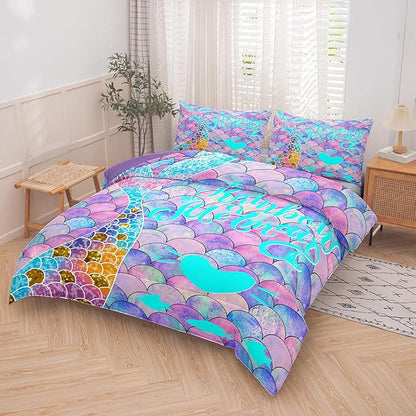 NINENINE Rainbow Mermaid Bedding Twin Princess Comforter Sets for Teens Girls,Blue and Purple Glitter Bedding Sets,Sparkly Fish Scales Comforter Sets with 1 Comforter 1Pillowcase