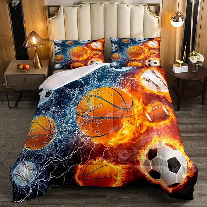 Erosebridal Sports Bedding Set for Boys Queen,Baseball Basketball Comforter Set Soccer Football Bedding Comforter Sets for Kids Teens Men,Red Blue Ice Fire Lightning Decor Quilt Duvet Set 3 Pcs