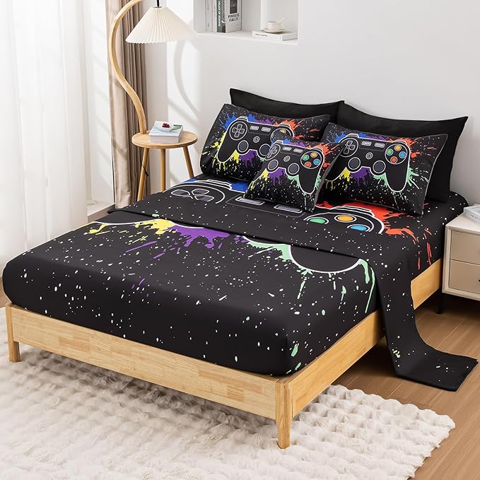 8Pcs Gamer Comforter Set with Sheets for Boys Girls Kids Teens, Colorful Graffiti Gaming Themed Bed in A Bag Queen Size, Black 3D Video Game Controller Bedroom Decor Bedding Set-Black