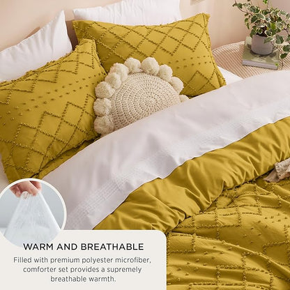 Bedsure Twin/Twin XL Comforter Set - Mustard Yellow Boho Twin Extra Long Comforter Set for College, Shabby Chic Dorm Bedding Set, 2 Pieces Modern Farmhouse Bed Set, includes 1 Pillow Sham