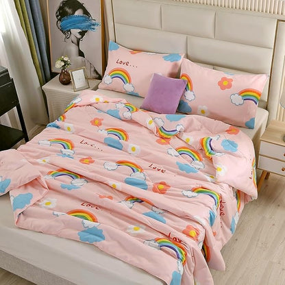 3PCS Rainbow Comforter Set Queen, Cute Pink Queen Size Flower Cloud and Rainbow Comforter Aesthetics, Super Soft and Comfort Microfiber, Kawaii Girls’ Bedroom Decor for Kids, Teens, Children, Women
