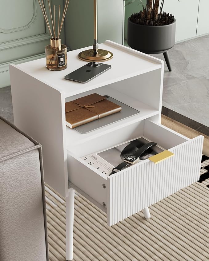 Nightstand,Modern Bedside Table with Storage Drawer and Open Wood Shelf, Accent Night Stand with Solid Wood Legs for Living Room, Bedroom and Small Spaces,Easy Assembly (White)